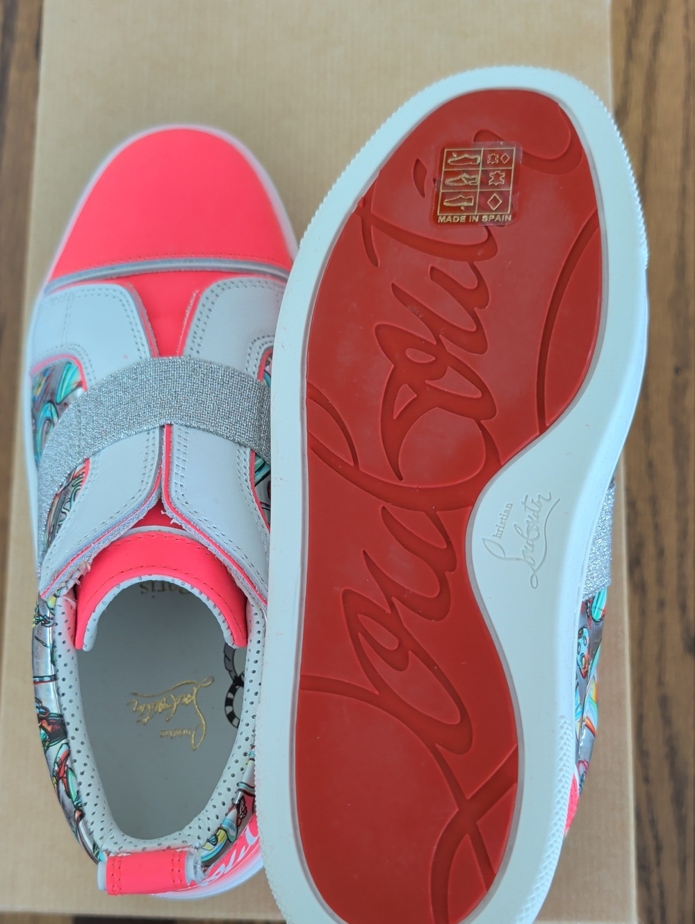 Christian Louboutin Neon Pink, White & Silver Kids Slip-On Sneakers